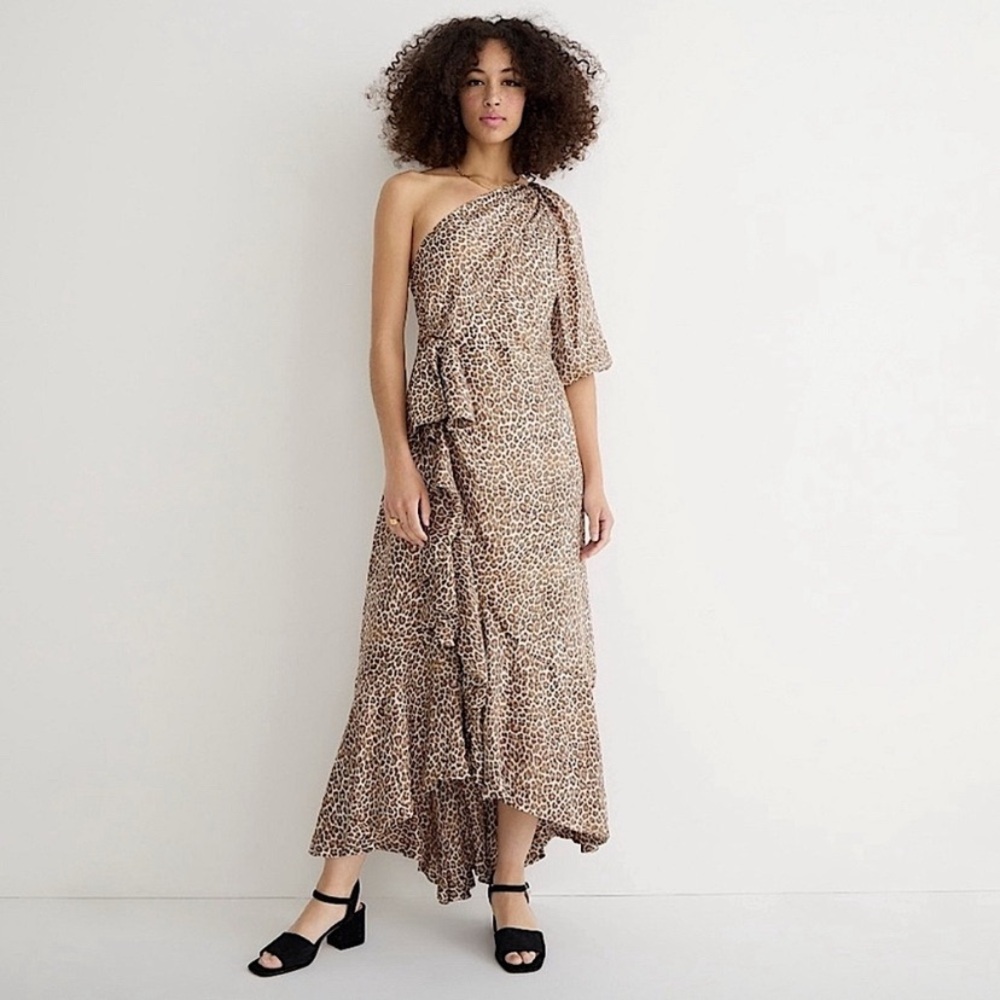 Nwt J. Crew Collection Leopard Print One-Shoulder Ruffle Hem Dress Size 16
